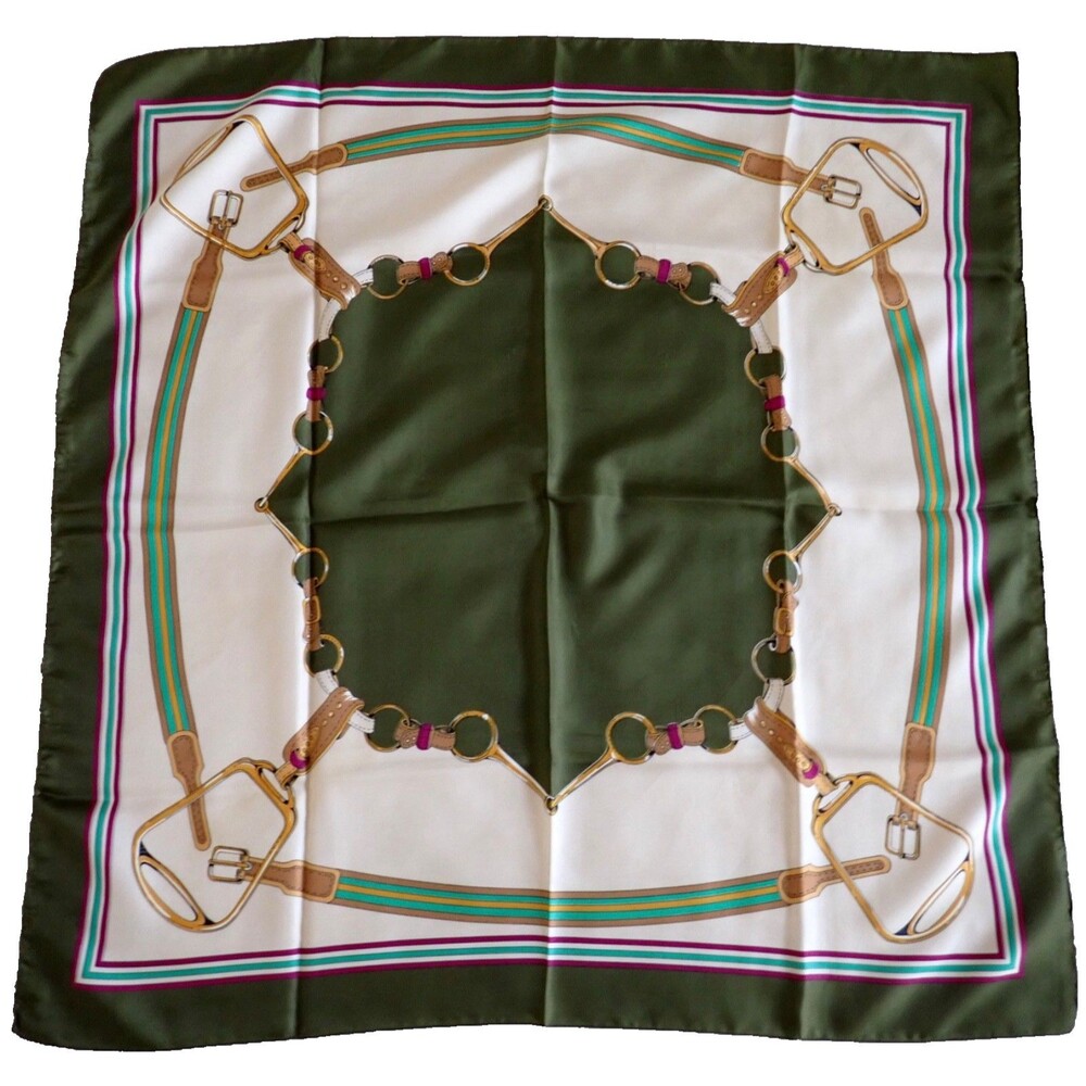 JP Collections Silky Green White Equestrian Scarf Made in Italy 31" Square Wrap